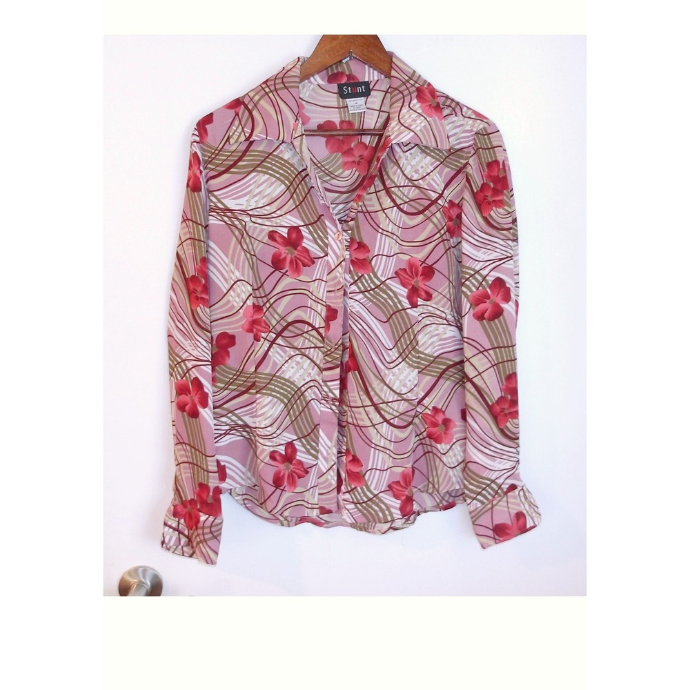 Stunt Floral Print Blouse‎ Sheer Lightweight Top Pink Brown Retro Size M /#5281